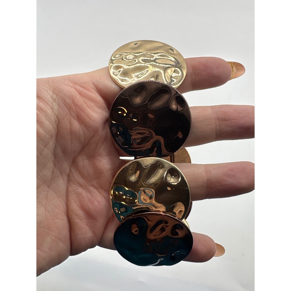 Modernist Heavy Gold Copper Tone Round‎ Hammered Disc Stretch Bracelet Statement